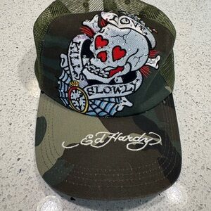 Y2K Ed Hardy Green Camouflage Skull Trucker Hat | Love Kills Slowly | Streetwear